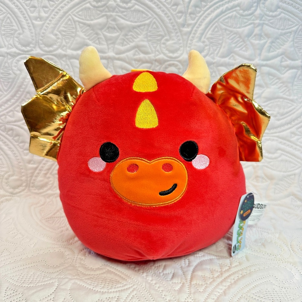 Red Dragon Plush Gold Wings Squidglys UK Stuffy Round Toy Yellow Scales Smile